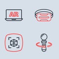 Set line Virtual reality glasses, 3d modeling, VR controller game and Augmented AR icon. Vector Royalty Free Stock Photo