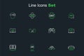 Set line Virtual reality glasses, 360 degree view, Augmented AR, 3d modeling, Gamepad, and icon. Vector