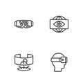 Set line Virtual reality glasses, 360 degree view, and Big brother electronic eye icon. Vector Royalty Free Stock Photo