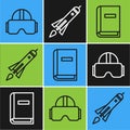 Set line Virtual reality glasses, User manual and Rocket ship with fire icon. Vector