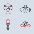 Set line Virtual reality glasses, VR controller game, 360 degree view and icon. Vector Royalty Free Stock Photo