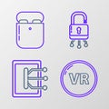 Set line Virtual reality, Tablet, Lock on digital circuit board and Air headphones in box icon. Vector Royalty Free Stock Photo
