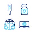 Set line Virus statistics on laptop, Earth with medical mask, Medicine bottle and pills and Medical thermometer icon