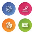 Set line Virus, Telescope, Solar system and XYZ Coordinate. Color circle button. Vector