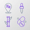 Set line Vitamin pill, Bamboo, Pipette with oil and Sleepy icon. Vector