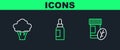 Set line Vitamin pill, Broccoli and Essential oil bottle icon. Vector