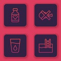 Set line Vitamin pill, Glass with water, No meat and Swimming pool ladder. Blue square button. Vector