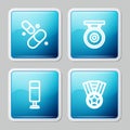 Set line Vitamin pill, Gong, Punching bag and Medal icon. Vector