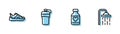 Set line Vitamin pill, Sport sneakers, Fitness shaker and Shower head icon. Vector