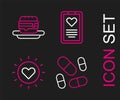 Set line Vitamin pill, Sun, Medical clipboard and Junk food icon. Vector