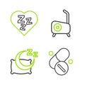 Set line Vitamin pill, Time to sleep, Stationary bicycle and Sleepy icon. Vector
