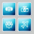 Set line Voice assistant, Car DVR, Project team base and Plane icon. Vector Royalty Free Stock Photo