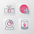 Set line Voice assistant, Web camera, Globe with flying plane and Car DVR icon. Vector Royalty Free Stock Photo