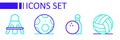 Set line Volleyball ball, Bowling pin and, Soccer football and Badminton shuttlecock icon. Vector