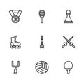 Set line Volleyball ball, Fencing, Racket, Dart arrow, Chess, Medal, Tennis racket and Roller skate icon. Vector Royalty Free Stock Photo