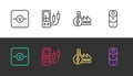 Set line Voltmeter, Ampere meter, multimeter, Nuclear power plant and Battery charge on black and white. Vector