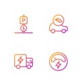 Set line Voltmeter, Electric truck, Charging parking electric car and Eco. Gradient color icons. Vector