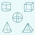 set of line volumetric geometric basic shapes, isolated math items