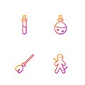 Set line Voodoo doll, Witches broom, Bottle with love potion and . Gradient color icons. Vector