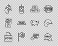 Set line Vote box, USA Independence day, American flag, Native Indian, Taxi car roof, and Baseball helmet icon. Vector