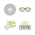 Set line Vote box, USA Independence day, Glasses with stars and American shield icon. Vector Royalty Free Stock Photo