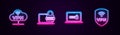 Set line VPN Network cloud connection, Laptop with password, and Shield wireless. Glowing neon icon. Vector