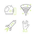 Set line Vulcan salute, Rocket ship with fire, Black hole and Astronaut helmet icon. Vector Royalty Free Stock Photo