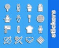 Set line Waffle, Candy, Homemade pie, Ice cream, Pastry bag, Kitchen apron, Lollipop and Spatula icon. Vector