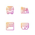 Set line Waist bag of banana, Binary code, Antique treasure chest and Book. Gradient color icons. Vector Royalty Free Stock Photo