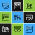 Set line Waist bag of banana, Book and Binary code icon. Vector