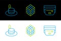 Set line Waist bag of banana, Man hat and Rubik cube icon. Vector