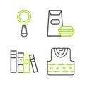Set line Waistcoat, Book, Burger and Magnifying glass icon. Vector Royalty Free Stock Photo