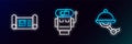 Set line Waiter robot, Robot blueprint and low battery charge icon. Glowing neon. Vector