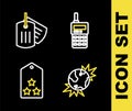 Set line Walkie talkie, Bomb explosive planet earth, Military rank and dog tag icon. Vector