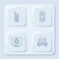 Set line Walkie talkie, Dynamite and timer clock, Target sport and Gas mask. White square button. Vector Royalty Free Stock Photo