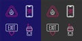 Set line Walkie talkie, Fire exit, Mobile emergency call 911 and flame in triangle icon. Vector