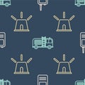 Set line Walkie talkie, Flasher siren and Fire truck on seamless pattern. Vector Royalty Free Stock Photo