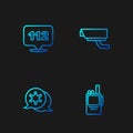 Set line Walkie talkie, Hexagram sheriff, Telephone call 112 and Security camera. Gradient color icons. Vector Royalty Free Stock Photo