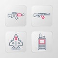 Set line Walkie talkie, Jet fighter, Submachine gun and M16A1 rifle icon. Vector