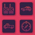 Set line Walkie talkie, Pickup truck, Car and Compass. Blue square button. Vector