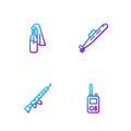 Set line Walkie talkie, Sniper rifle with scope, Cocktail molotov and Submarine. Gradient color icons. Vector