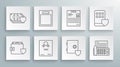 Set line Wallet and money with shield, Empty form, Certificate template, Safe, Fax machine, Personal document