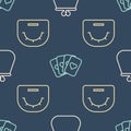 Set line Wallet, Poker table and Deck of playing cards on seamless pattern. Vector Royalty Free Stock Photo