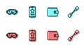 Set line Wallet, Ski goggles, Mobile with review rating and Paddle icon. Vector Royalty Free Stock Photo