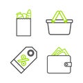 Set line Wallet with stacks paper money cash, Discount percent tag, Shopping basket and Paper shopping bag and food icon