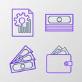 Set line Wallet with stacks paper money cash, Stacks, and Document graph chart icon. Vector