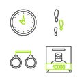 Set line Wanted poster, Handcuffs, Footsteps and Clock icon. Vector