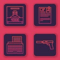 Set line Wanted poster, Retro typewriter, Lawsuit paper and Pistol or gun with silencer. Blue square button. Vector