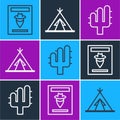 Set line Wanted western poster, Cactus and Indian teepee or wigwam icon. Vector Royalty Free Stock Photo