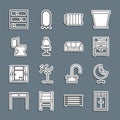 Set line Wardrobe, Armchair, Kitchen dishwasher machine, Heating radiator, Office, Toilet bowl, Shelf and Sofa icon